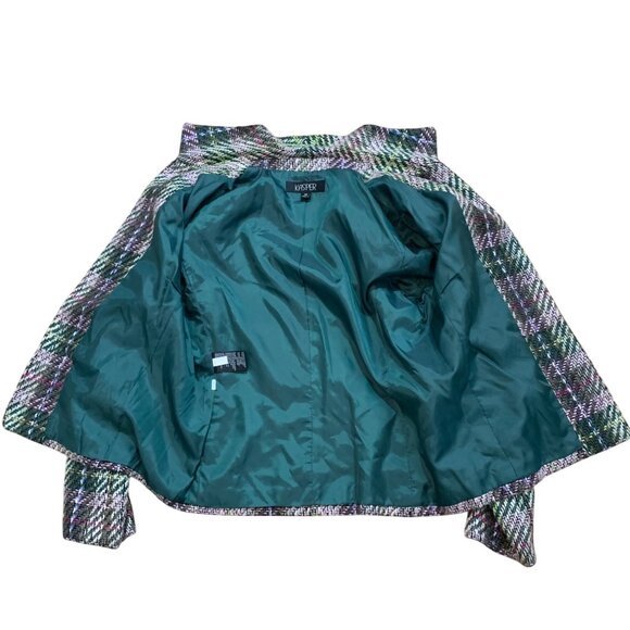 Kasper Plaid Tweed Jacket Womens SZ 14 Green & Pink Acrylic Blazer Open Front - Picture 6 of 9
